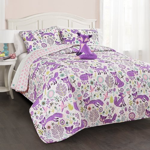 Lush Decor Pixie Fox Reversible Quilt Set, 3 Piece Set, Twin, Purple & Pink - Fun Lightweight Twin Bedding for Kids - Girls Pink Bedroom Decor