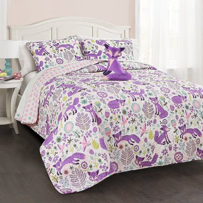 Lush Decor Pixie Fox Reversible Quilt Set, 3 Piece Set, Twin, Purple & Pink - Fun Lightweight Twin Bedding for Kids - Girls Pink Bedroom Decor