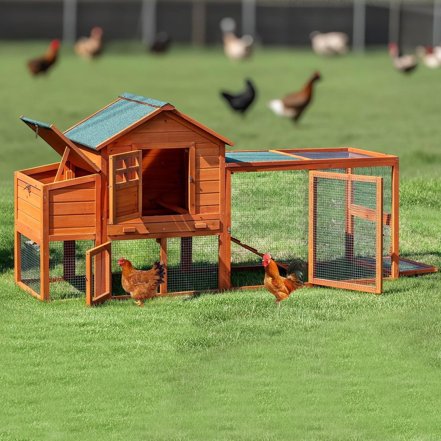 WHEGETED Large Chicken Coop Outdoor Durable Duck House Poultry Pet Hutch & 2 Wood Eggs Run Cage Nesting Box Waterproof Asphalt Roof Ramp Removable Tray Wire Fence for Backyard Small Animal79 Brown