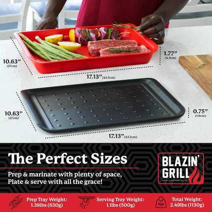 BLAZIN' GRILL Prep and Serve Trays, Set of 2 Stackable Melamine Trays for Serving and Marinating Food, BBQ Prep Tub