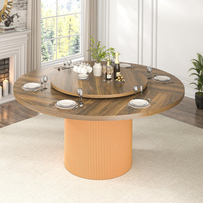 55 Inch Round Dining Table for 6 with Lazy Susan, Modern Farmhouse Kitchen Table with Wood Strip Base for Dining Living Room, Brown