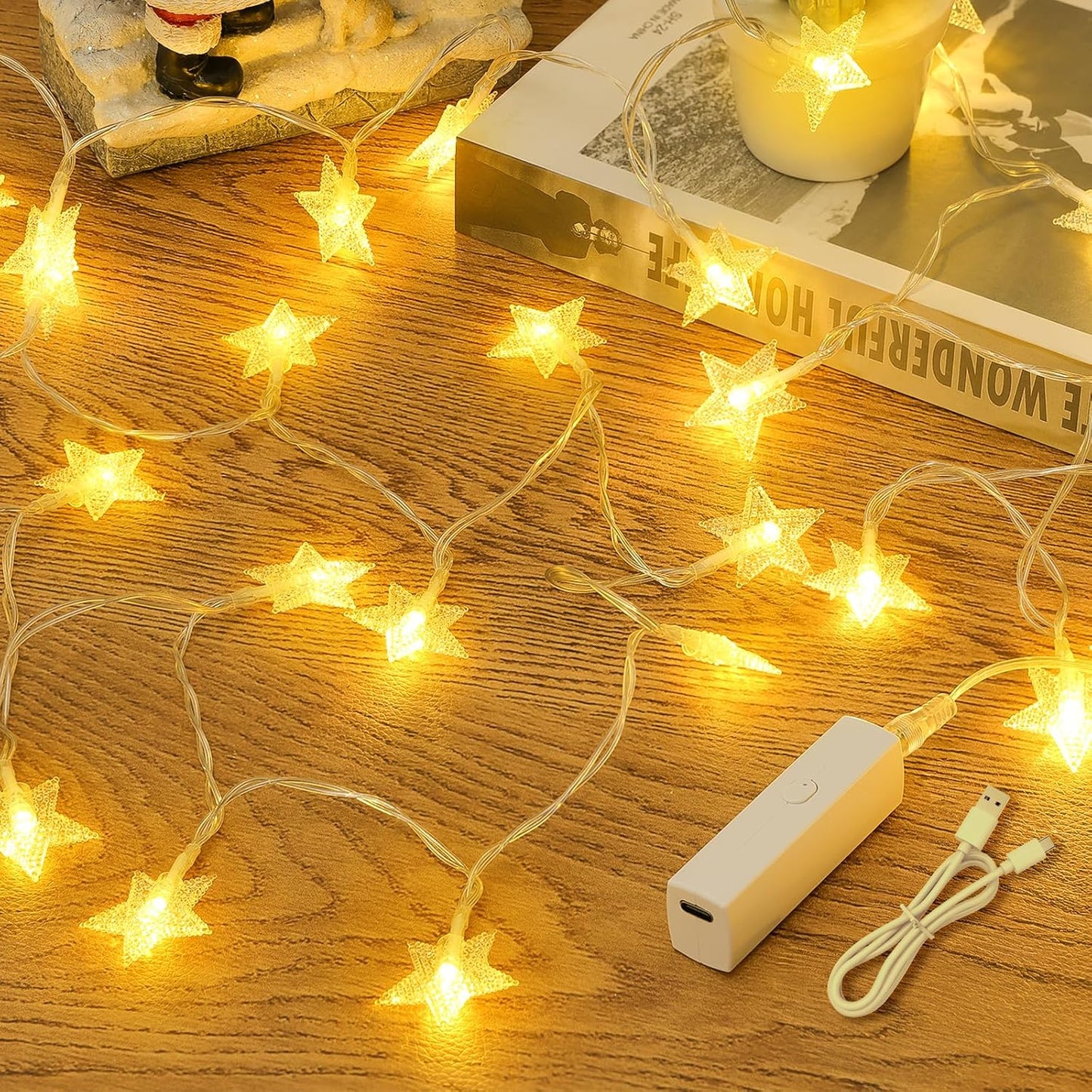 17FT 50LED 8 Lakumu Star String Lights Battery Operated, LED Star Fairy Lights Rechargeable, Twinkle Lights with Modes
