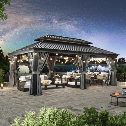 Aoxun 12' X 20' Hardtop Gazebo with Drainage System, Aluminum Outdoor Gazebo with Galvanized Steel Double Roof, Patio Permanent Metal Pavilion with Netting, for Garden, Deck, Grey
