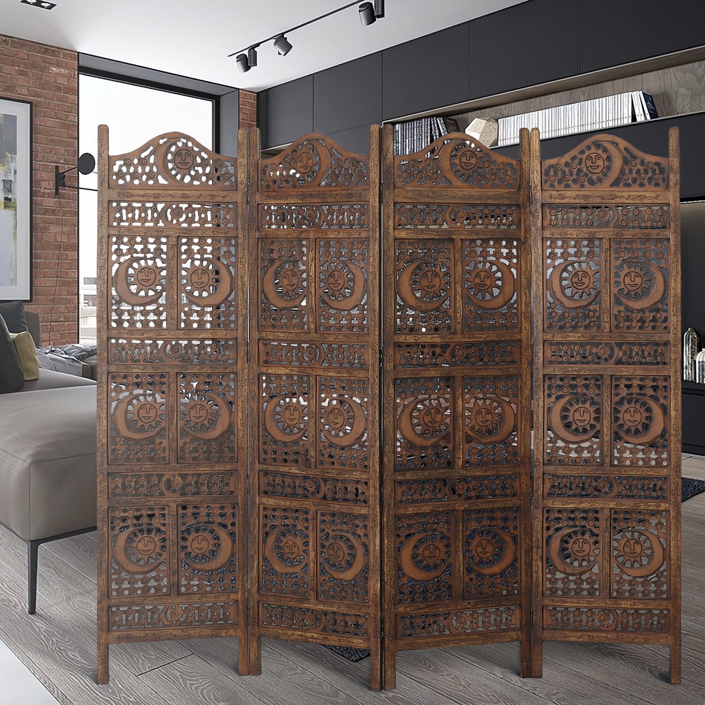 Hand Carved Sun and Moon Design Foldable 4 Panel Wooden Room Divider, Decorative Privacy Screen, Rustic Home Partition Decor