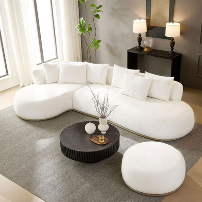KEIKI 135" L-Shaped Oversized Boucle Sectional Sofa with Left Chaise, Modern 5-Seater Polyester Curved Couch with PU Leather Base, 1 Ottoman & 6 Pillows, No Assembly Required, for Living Room, Beige