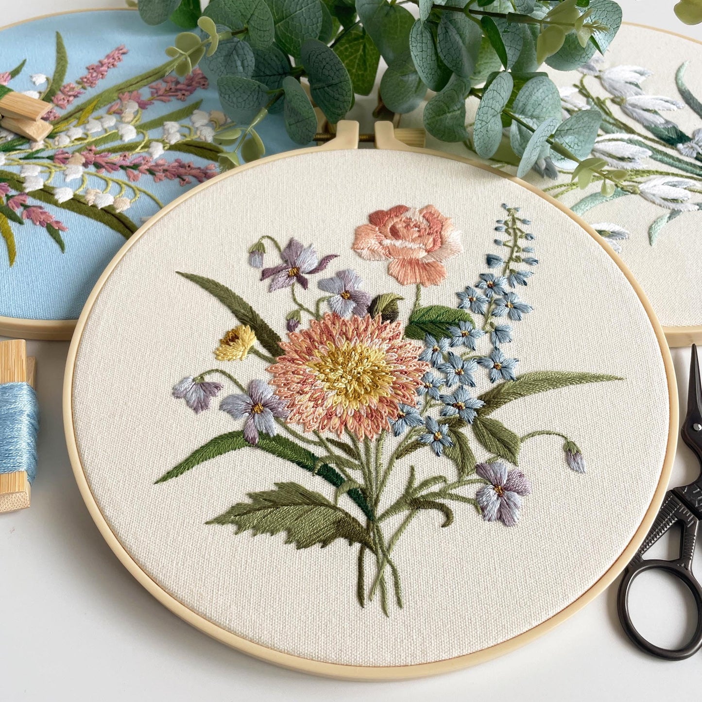 Myfelicity Embroidery kit for Adults and Beginners, Includes 3 Floral Pattern Fabrics, 3 Embroidery Hoops, Embroidery Floss and Other Tools.
