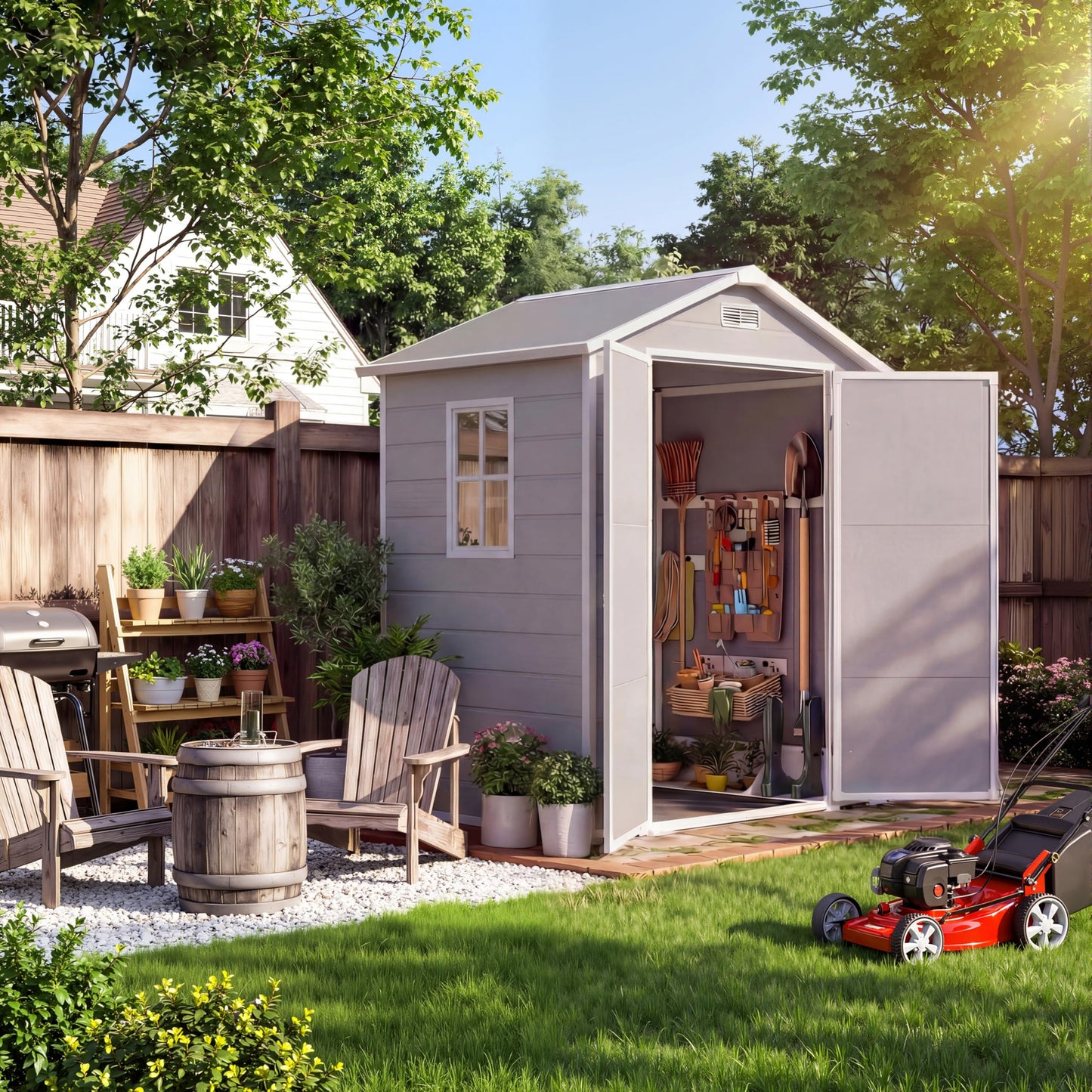 Outdoor Storage Shed with Floor, Plastic Resin Garden Shed with Window & Sloping Roof & Lockable Door for Patio Backyard Garden, Lawn Mower, Bike, Tool Storage (Light Gray, 6' X 4')