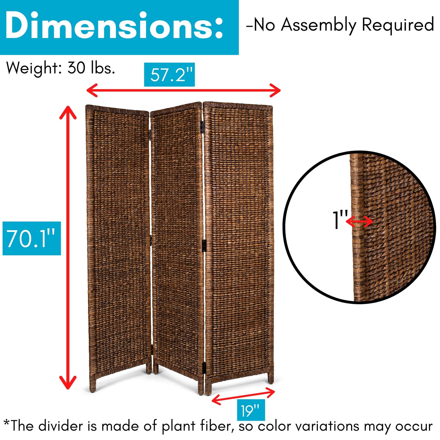BIRDROCK HOME 3 Panel Seagrass Room Divider - Brown Wash - Folding Sections - Partition Screen - Hand Woven Abaca - Home Decor