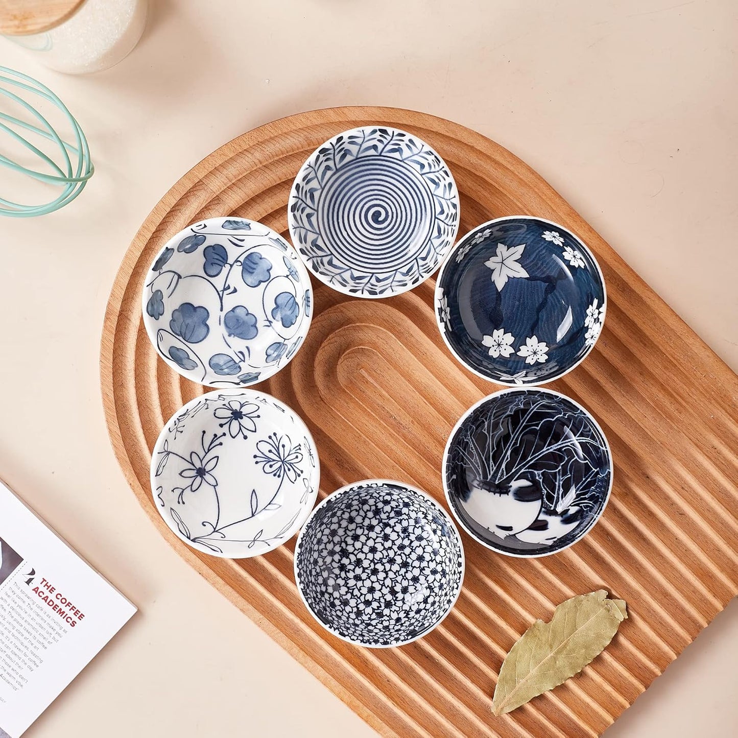 Ceramic Dipping Bowls Set of 6, 3 Inch Pinch Bowls for Sushi, Snack, Soy, BBQ, 2.5 Oz Blue and White