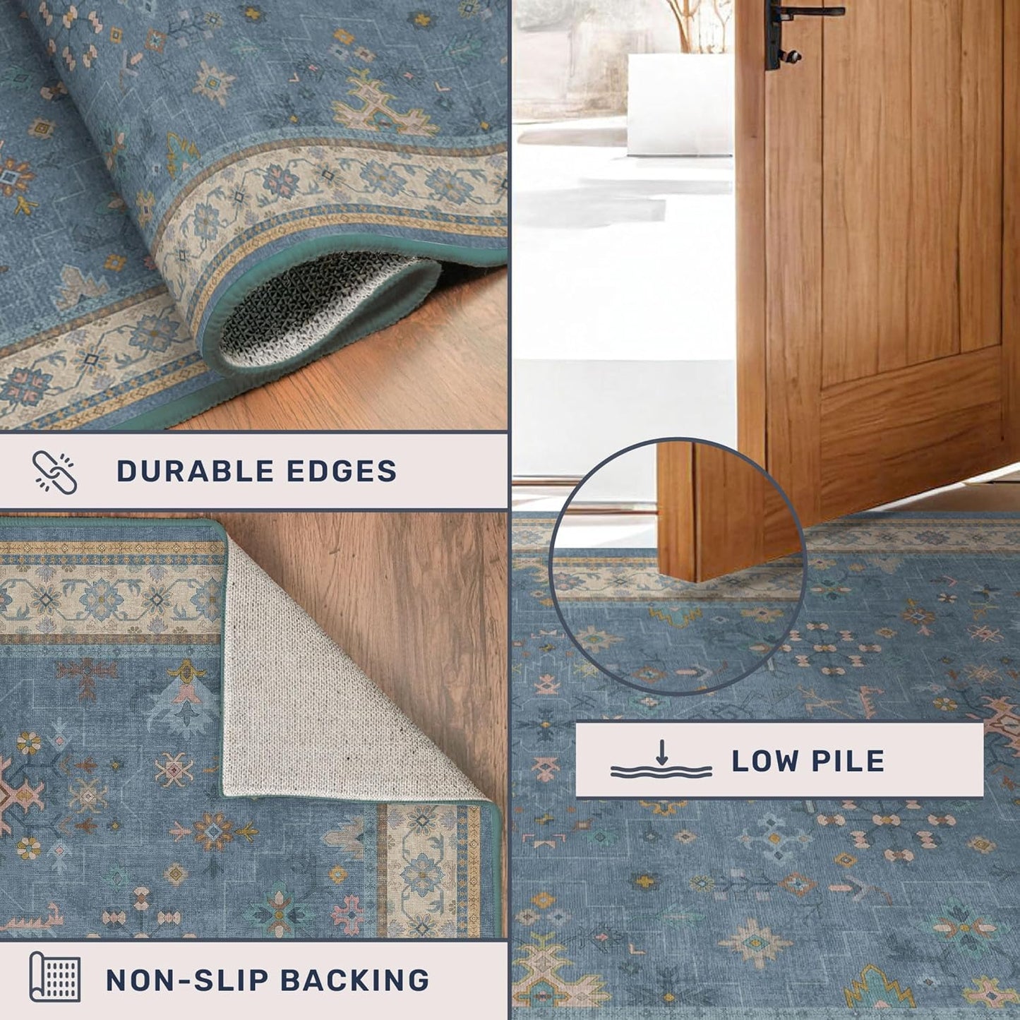 Washable 3x6 Throw Rug - Blue Non-Slip Indoor Rug for Kitchen, Entryway, Bedroom | Boho Modern Décor