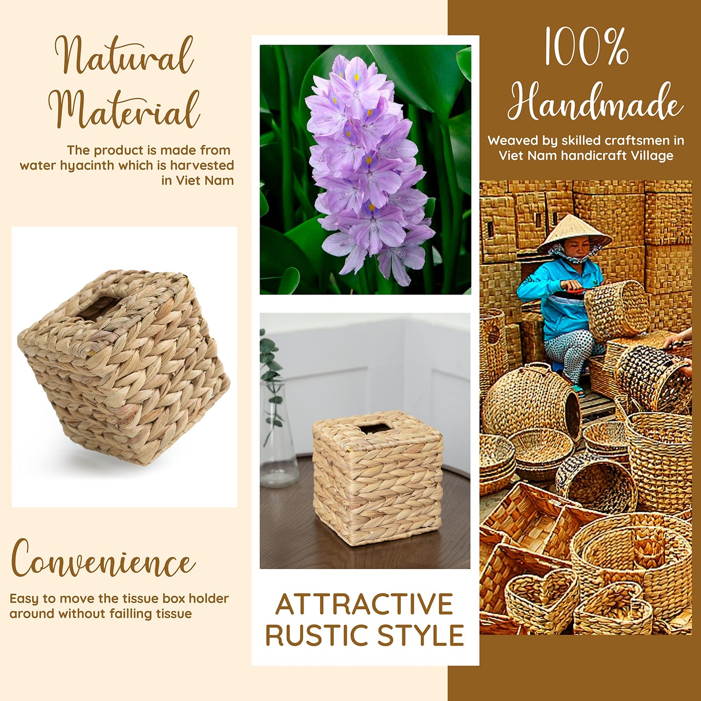 KOLWOVEN Tissue Box Holder - Square- Rattan Wicker Tissues Cube Box Cover -Boho Decorative Woven Facial Tissue Holder on Table and Barthroom (Square)