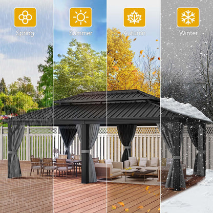 DWVO 12x18ft Gazebo Double Roof Hardtop with Nettings and Curtains, Heavy Duty Galvanized Steel Outdoor Vertical Stripes Roof for Patio, Backyard, Deck, Lawns, Brown