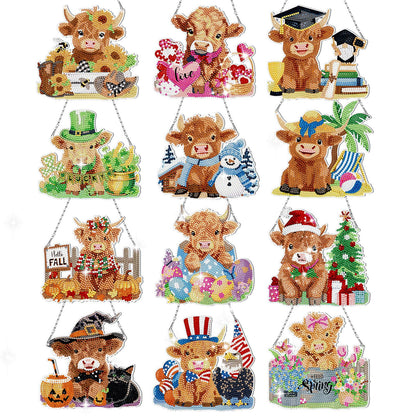 Cinnvoice 12 Pcs Seasonal Diamond Art Wreath Kits Holiday 5d DIY Diamond Painting Signs Germ Hanging Art Ornaments for Wall Door Decorations (Cow)