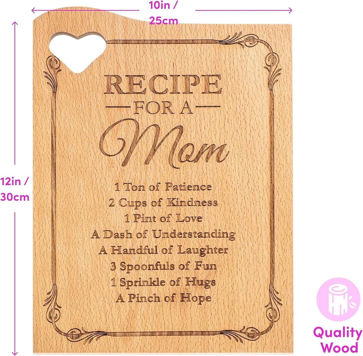 Wooden Cutting Boards for Mom, 12 x 9" Engraved with Mother's Poem, Kitchen Gift with Heart Cut Out