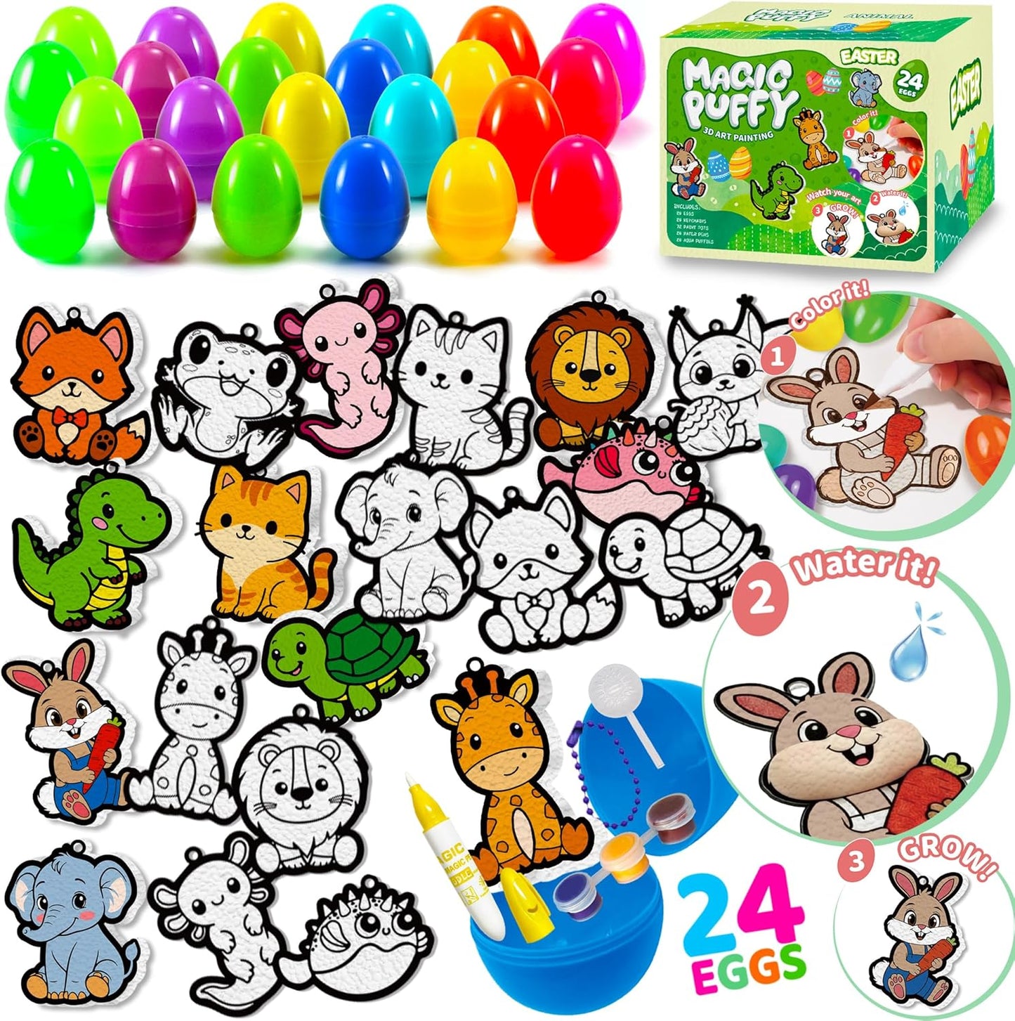 24PCS 3D Easter Basket Stuffer Party Favors, Magic Puffs, Puffs, DIY Art Crafts Kits Paint for Kids, Foam Texture