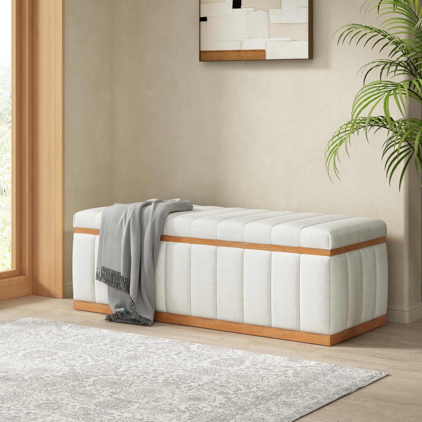 Christopher Knight Home Kira Living Room Ottoman with Storage, Linen Upholstered Storage Ottoman Bench with Channel-Tufted Design, Wood Frame Sofa Foot Stool, Bedroom End of Bed Bench, Beige
