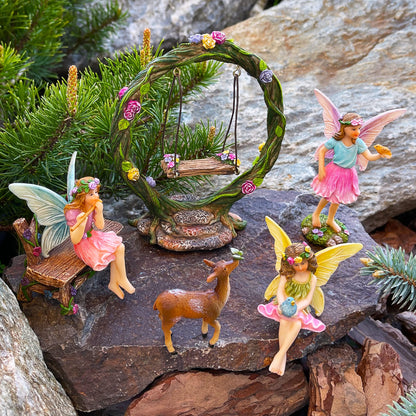 Mood Lab Fairy Garden Figurines with Swing - Miniature Decor Set (6 pcs) - Statues & Accessories - Outdoor & Indoor Garden Decor