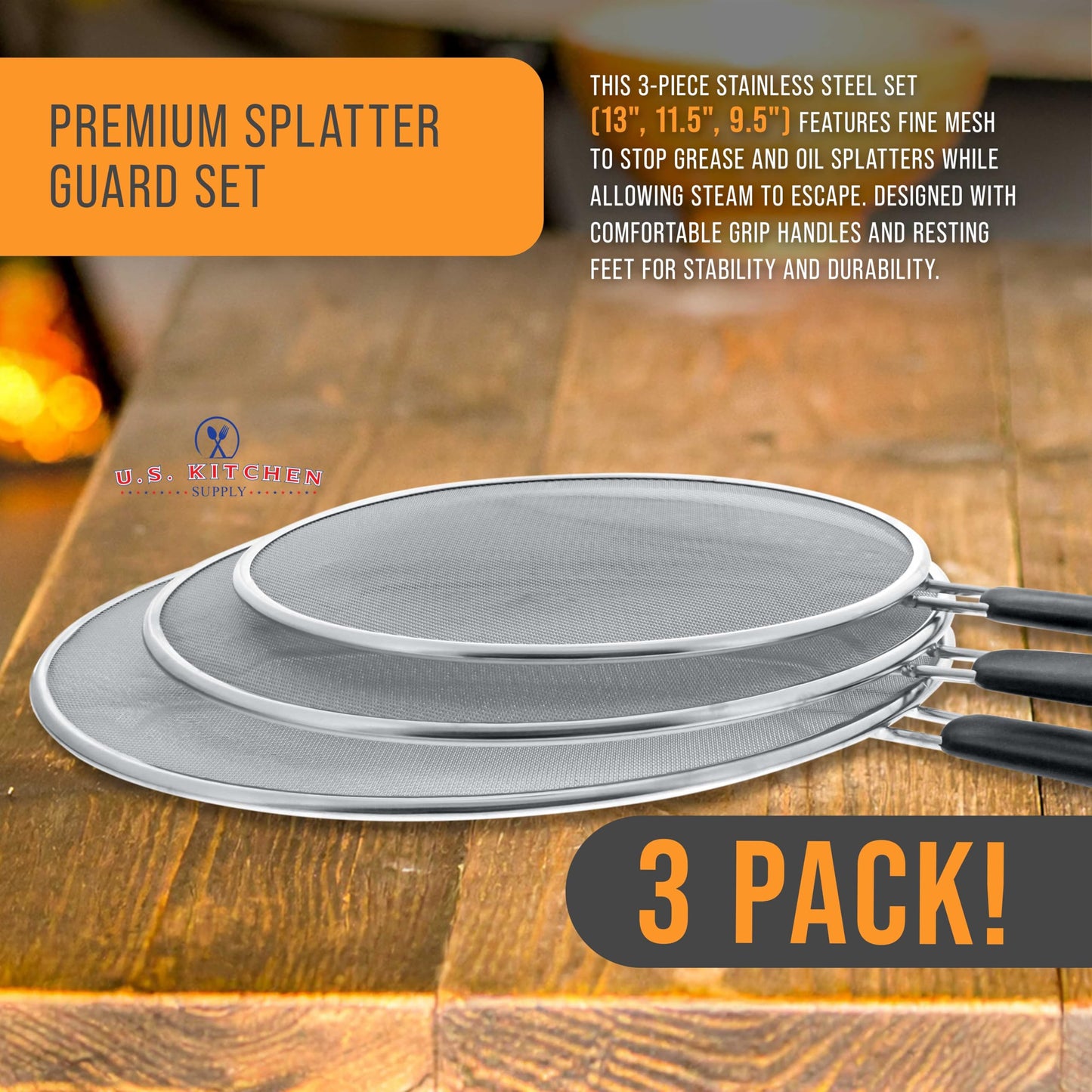 U.S. Kitchen Supply 3-Piece Stainless Steel Splatter Guard Set (13", 11.5", 9.5") Fine Mesh Cover, Grease & Oil, Splatter Screen for Frying Pan, Cooking Pots, with Resting Feet & Comfort Grip Handles
