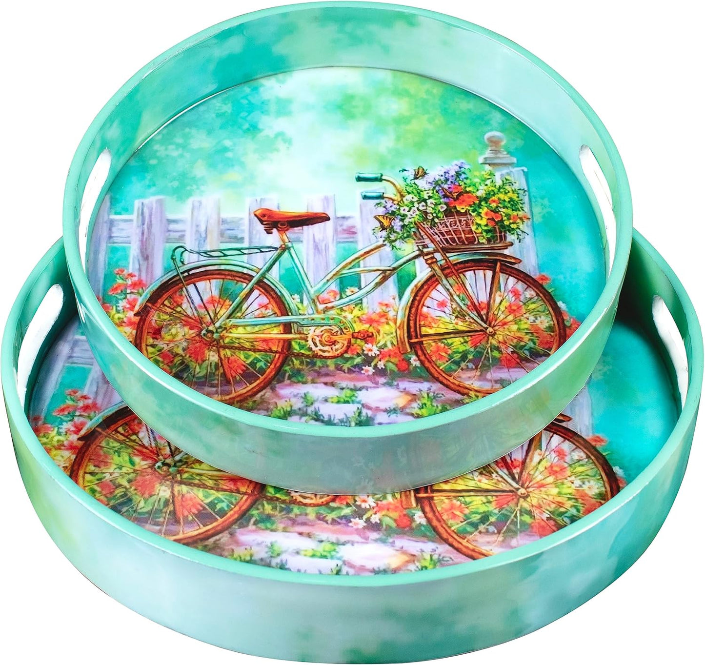 Set 2 Counter Crocon Round Wooden Ottoman Trays with Handles of Cycle Printed Farmhouse Decorative Serving Trays