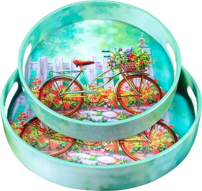 Set 2 Counter Crocon Round Wooden Ottoman Trays with Handles of Cycle Printed Farmhouse Decorative Serving Trays