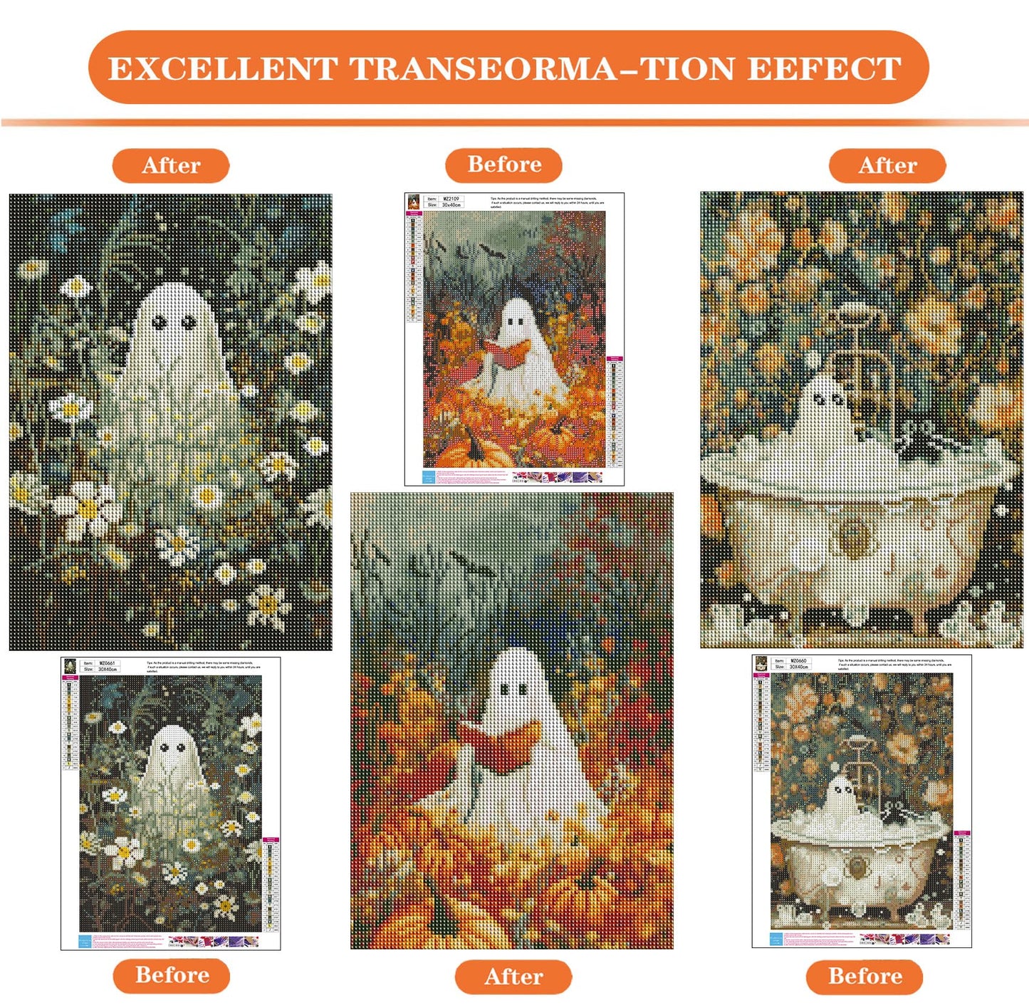 igoodom 3 Pack Halloween Diamond Art Kits for Adults, Halloween Ghosts Diamond Painting Kit, Full Drill Round Diamond Art Kits, DIY Gem Art and Crafts for Home Wall Decor Gift 12x16inch