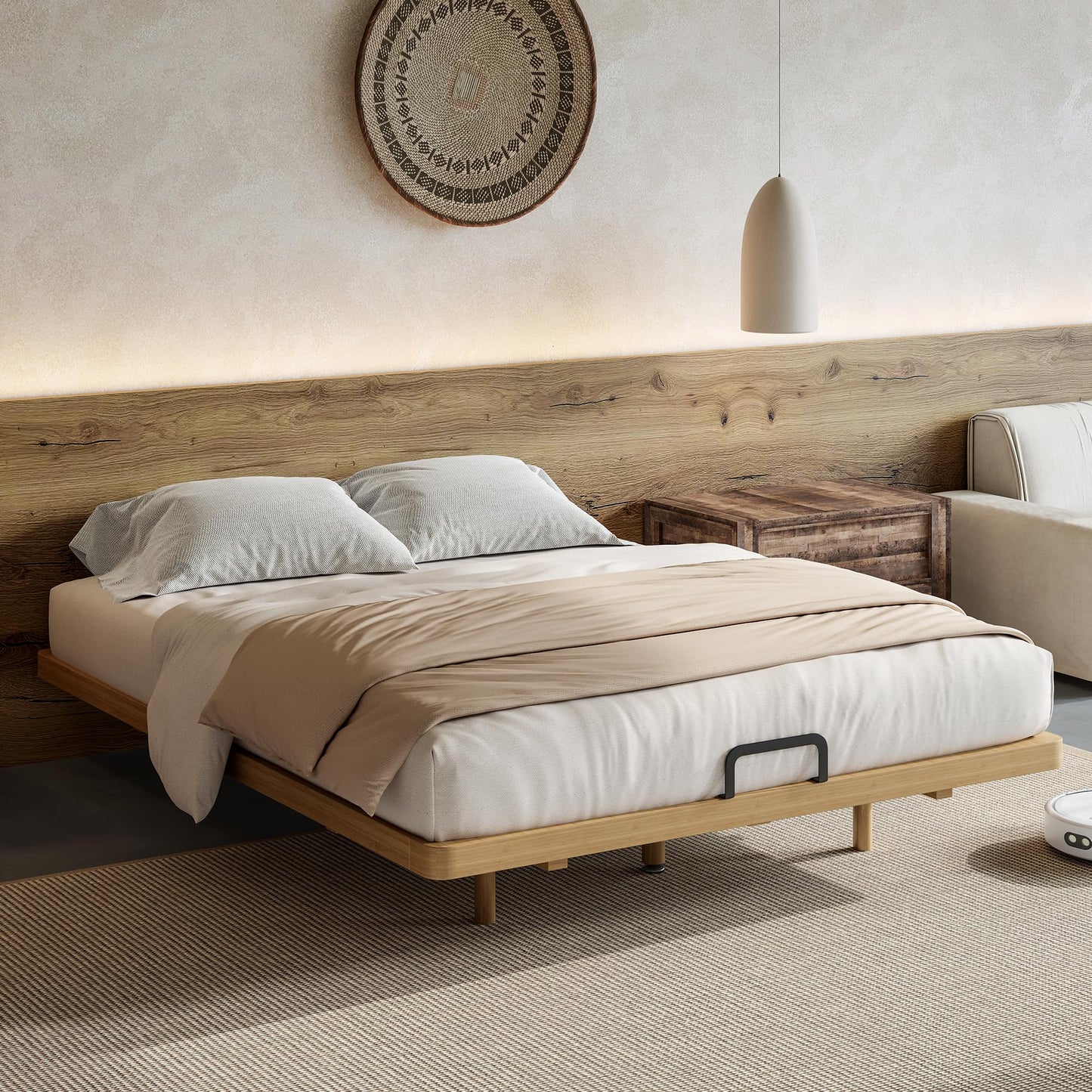 KEIKI Queen Size Bamboo Platform Bed, Mid-Century Modern Style Floating Bed Frame with Wooden Solid Support Slats, No Box Spring Needed, Easy Assembly, Noise Free, for Bedroom, Guest Rooms, Natural