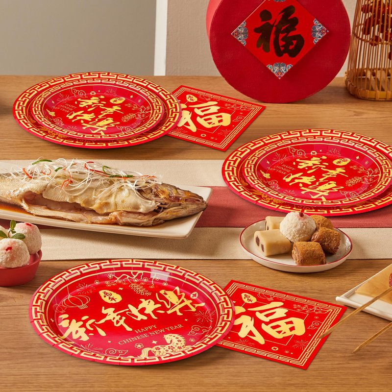 QZYL 150 PCS Lunar New Year Decorations 2026, Disposable Chinese New Year Plates and Napkins, Red Paper Plates, Serve for 50 Spring Festival Party Supplies Chinese Year of the Horse Cutlery