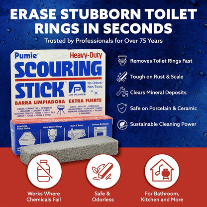 PUMIE Pumice Scouring Stick for Cleaning Toilet Bowl Rings & Hard Water Stains, Bathroom, Pools & Tubs, Pumice Stone for Toilet Cleaning, Rust, Grills, Food Build Ups, Pack of 4, includes Scouring Pad