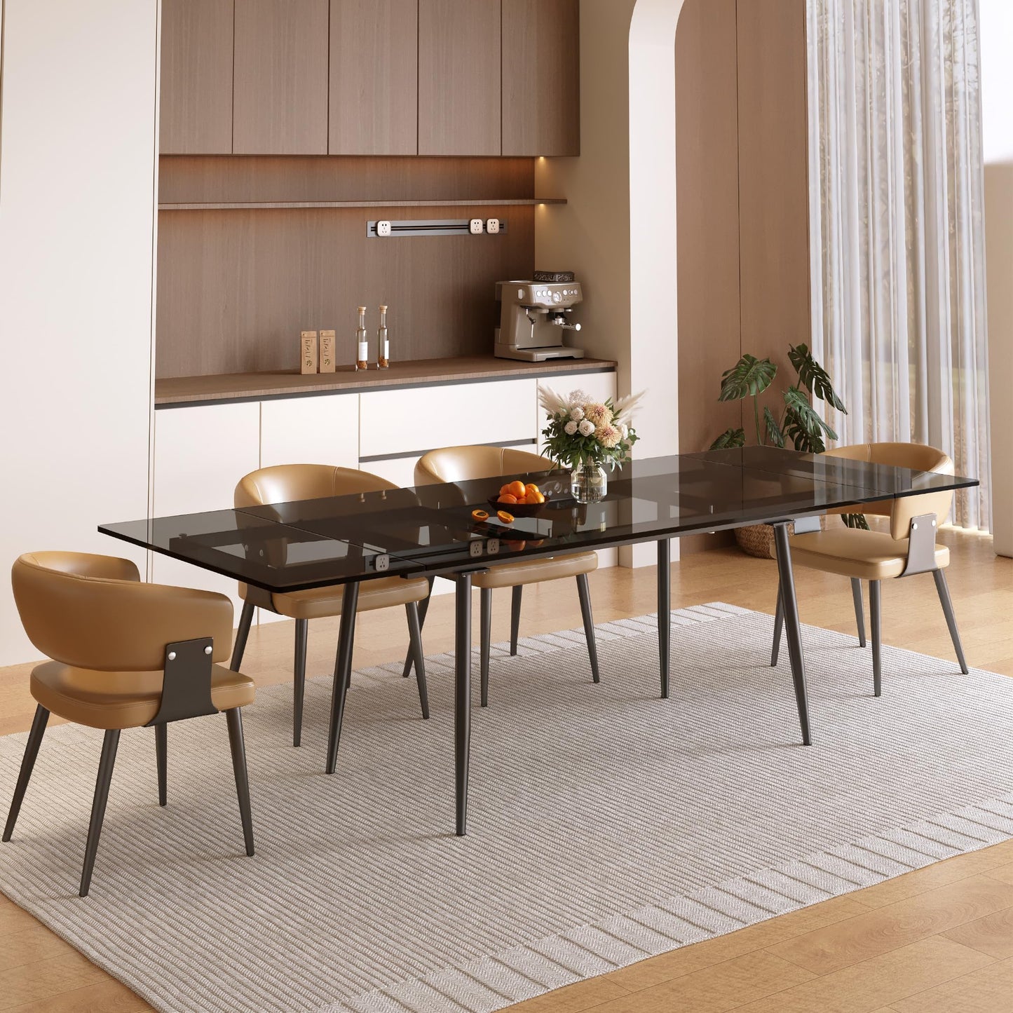 NessCarsti 62.99-94.48" Extendable Dark Tempered Glass Dining Table, Scratch-Resistant Glass Top & Metal Frame, Seats 8-10, Modern Minimalist Dining Furniture for Family & Entertaining