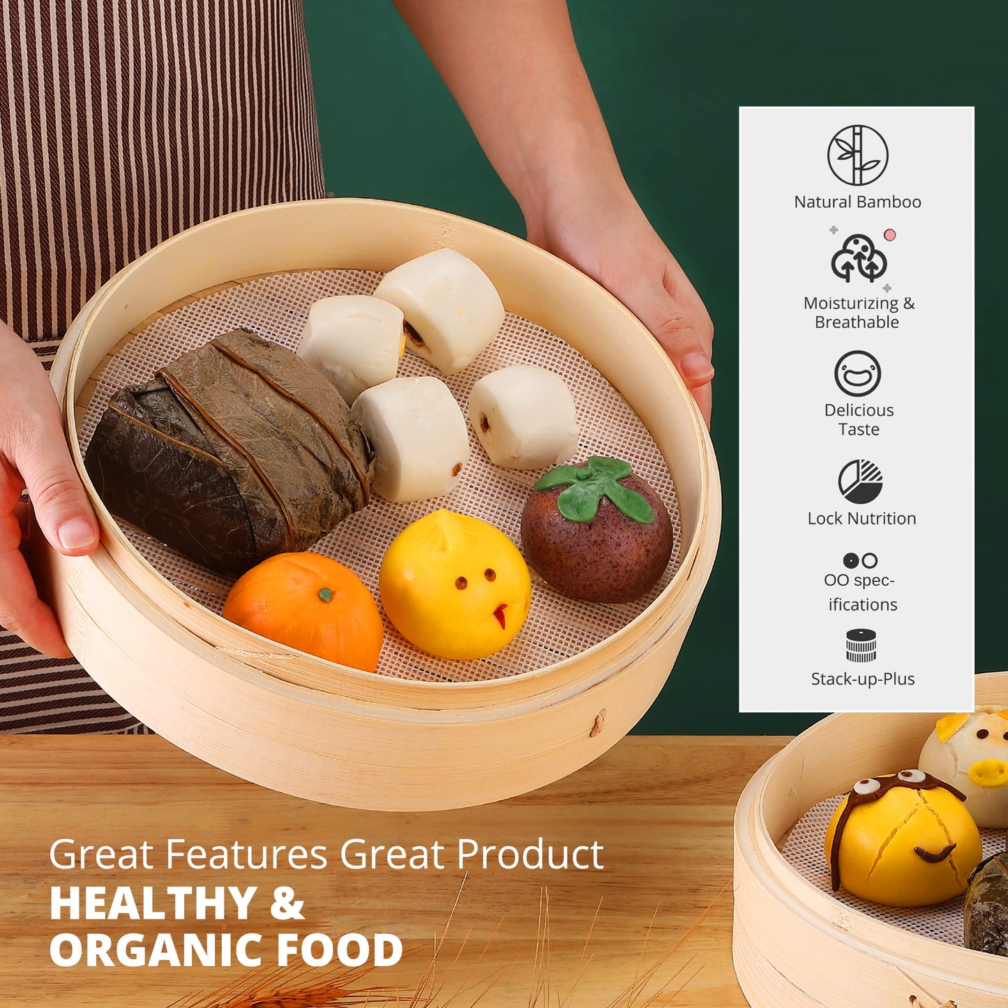KITCHENCRUST Bamboo Steamer Basket for Chinese Asian Cuisine - 2 Tier 10-Inch Steaming Basket Bun Vegetable Steam, Dumpling Steamer bamboo steam basket, Sauce Dish, Chopsticks, Reusable Liners, Ring