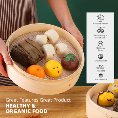 KITCHENCRUST Bamboo Steamer Basket for Chinese Asian Cuisine - 2 Tier 10-Inch Steaming Basket Bun Vegetable Steam, Dumpling Steamer bamboo steam basket, Sauce Dish, Chopsticks, Reusable Liners, Ring