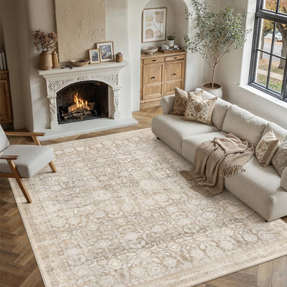 WondRg 9x12 Beige Washable Modern Area Rug Living Room Non Slip Low Pile Floral Extra Large Rug Vintage Traditional Stain Resistant Carpet Bedroom Office Indoor Playroom
