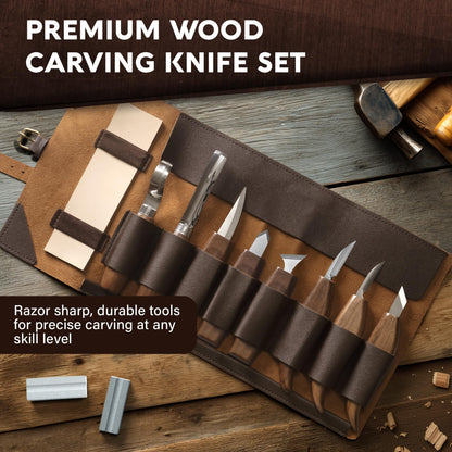 Complete Wood Carving Kit for Beginners - Gift Ready Wood Carving Tools Set | Whittling Kit with 8 Wood Carving Knives, Spoon Carving Tools, Wood Blocks, Gloves, Roll Bag and Sharpening Strop
