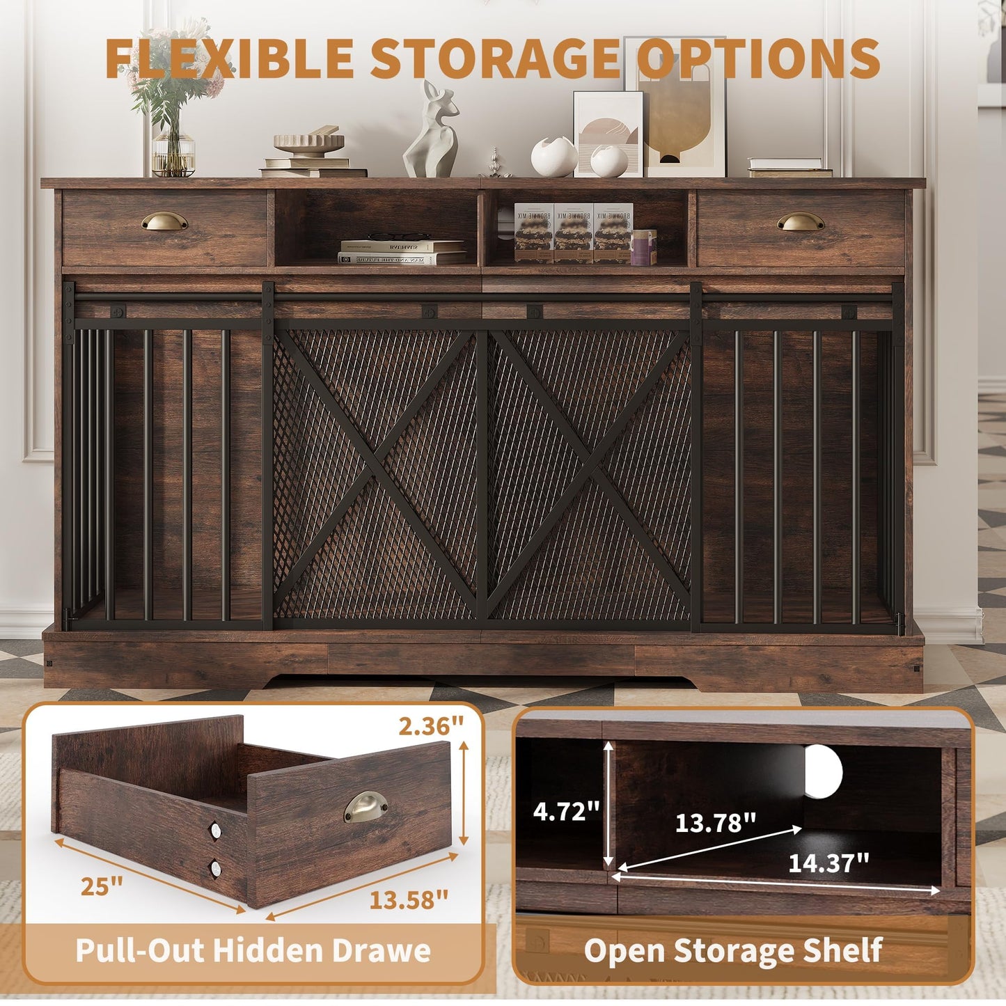 Double Dog Crate Furniture, 63 Inch Heavy-Duty Dog Kennel with Center Divider, Sliding Doors, Drawers and Open Shelves, Indoor Dog House for Living Room, Retro Brown