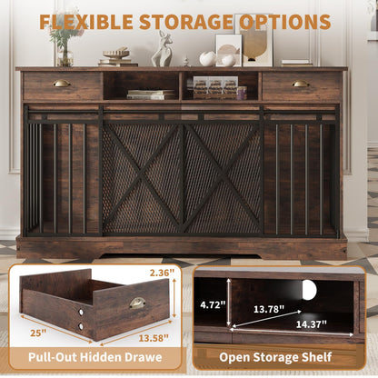 Double Dog Crate Furniture, 63 Inch Heavy-Duty Dog Kennel with Center Divider, Sliding Doors, Drawers and Open Shelves, Indoor Dog House for Living Room, Retro Brown