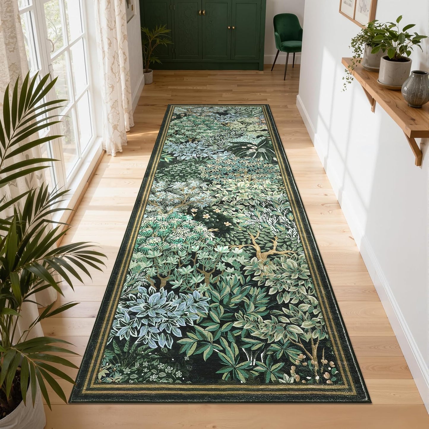2.5x8, GarveeHome Forest Runner Rug Blue Green Washable Runner Rug for Kitchen, Botanical Low Pile Non Slip Stain