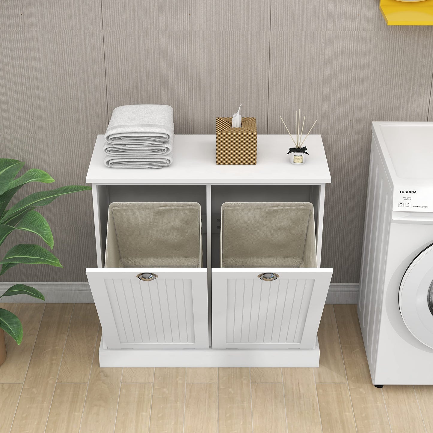 Leamoo 32.68" W x 14.57" D x 31.5" H Two-Compartment Tilt-Out Laundry Sorter Cabinet White MDF