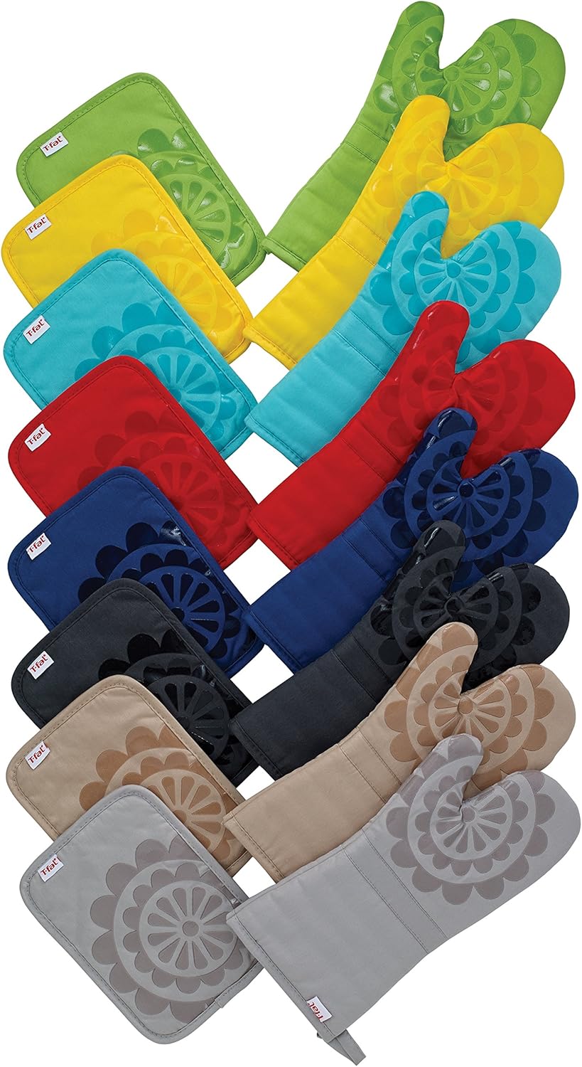 T-Fal Textiles Silicone Printed Medallion 100% Cotton Twill Oven Mitt, 12.75" x 7", Red