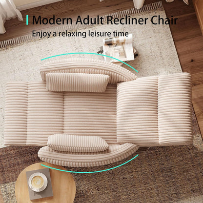 LINSY 360 Swivel Recliner Chair, Nursery Glider Rocking Chair with 2 Pillows, Corduroy Nursing Chair Comfy High Back Adult Rocker Recliner for Small Spaces, Nursery Bedroom Living Room (Beige)