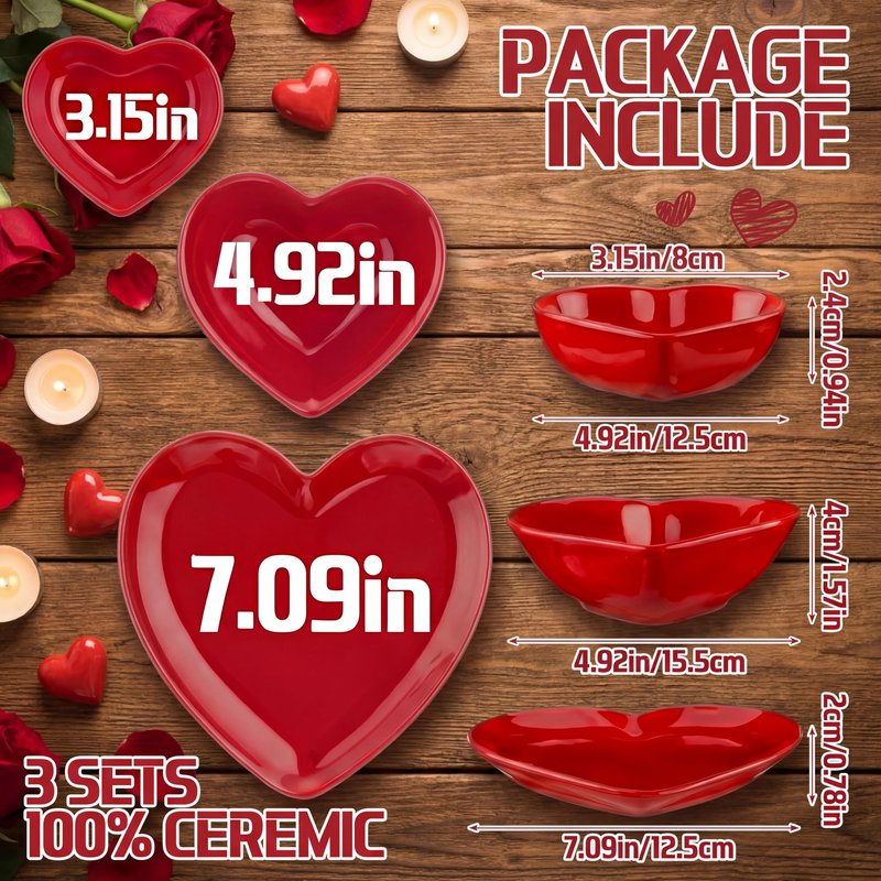 Suclain Valentines Day Red Heart Shaped Ceramic Plate Set of 3 Heart Dinner Dishes 3.15″ 4.92″ 7.09″ Platter for Dish Dessert Salad Bowl for Valentine‘S Day Party Supply Microwave Dishwasher Safe