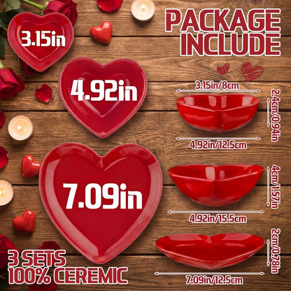 Suclain Valentines Day Red Heart Shaped Ceramic Plate Set of 3 Heart Dinner Dishes 3.15″ 4.92″ 7.09″ Platter for Dish Dessert Salad Bowl for Valentine‘S Day Party Supply Microwave Dishwasher Safe