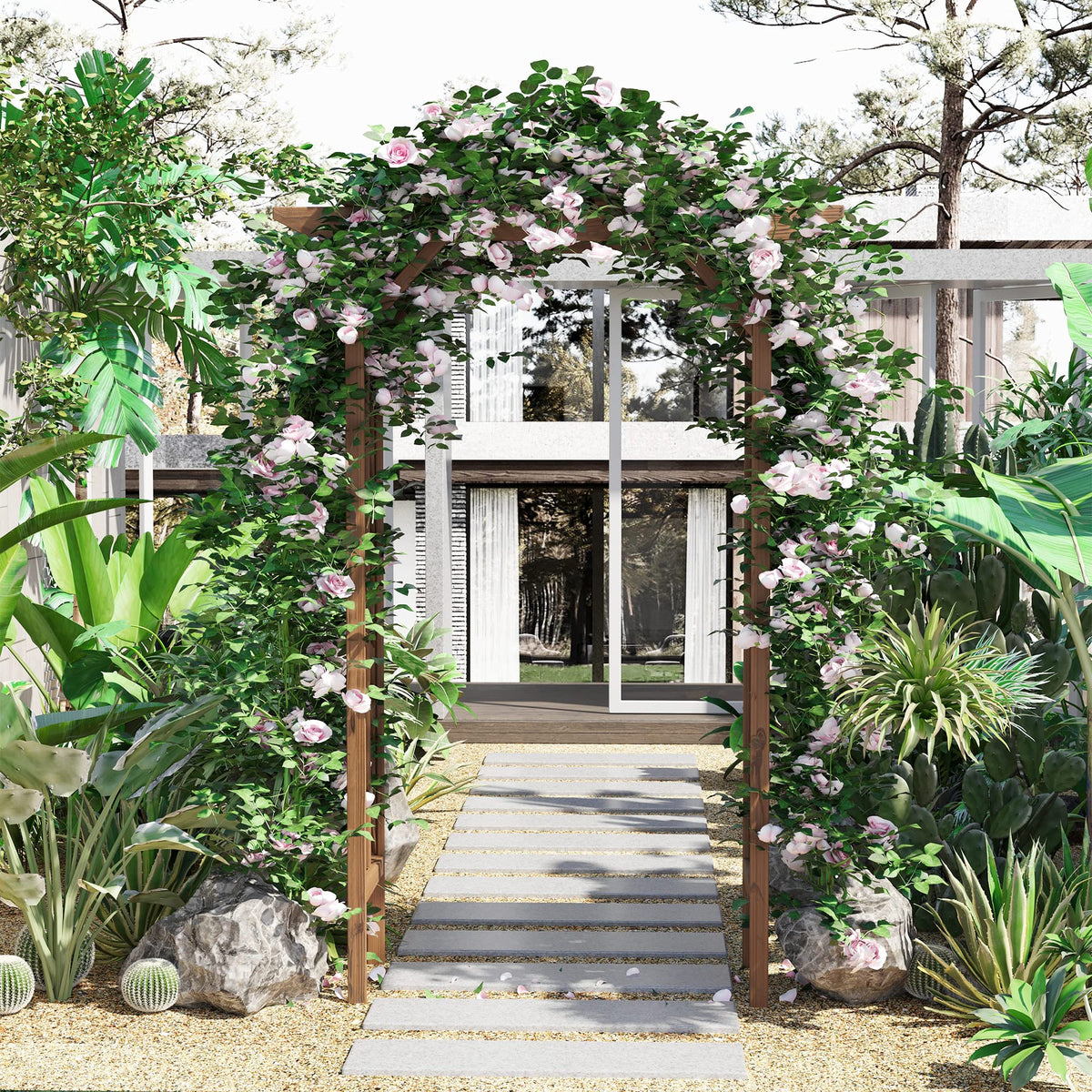 79in Wooden Garden Arbor Arch Trellis with Classic Countryside Style, Pergola Style Roof for Climbing Vines for Ceremony Party Weddings