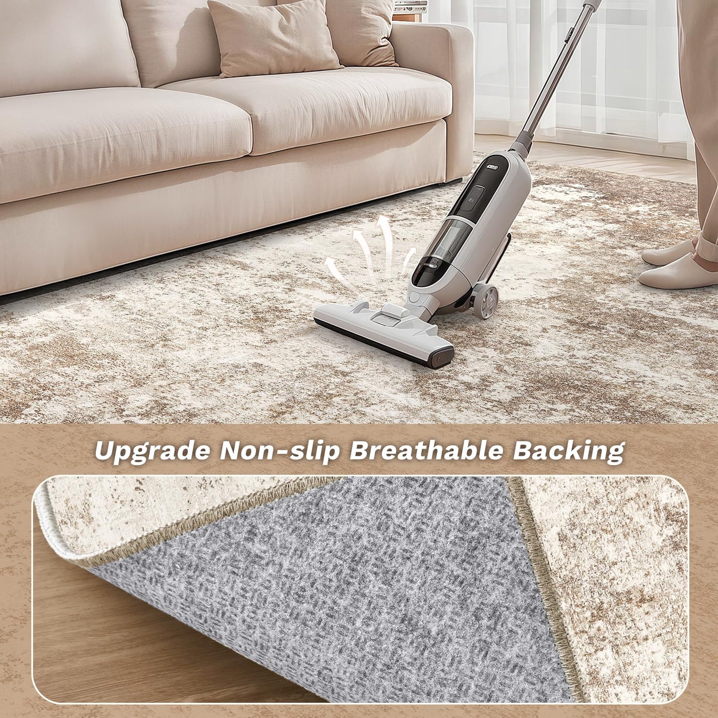 Micgeek Area Rug Living Room - 12X15 Abstract Washable Large Soft Foldable Non Slip Rug Neutral Modern Low Pile Carpet for Bedroom Nursery Dining Room Farmhouse Home Office Indoor - Brown