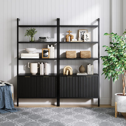 Nathan James Jasper 3-Shelf Solid Wood Boho Bookshelf, Wall Mounted Bookshelf with Cabinet with Fluted Doors, Black Oak, Set of 2