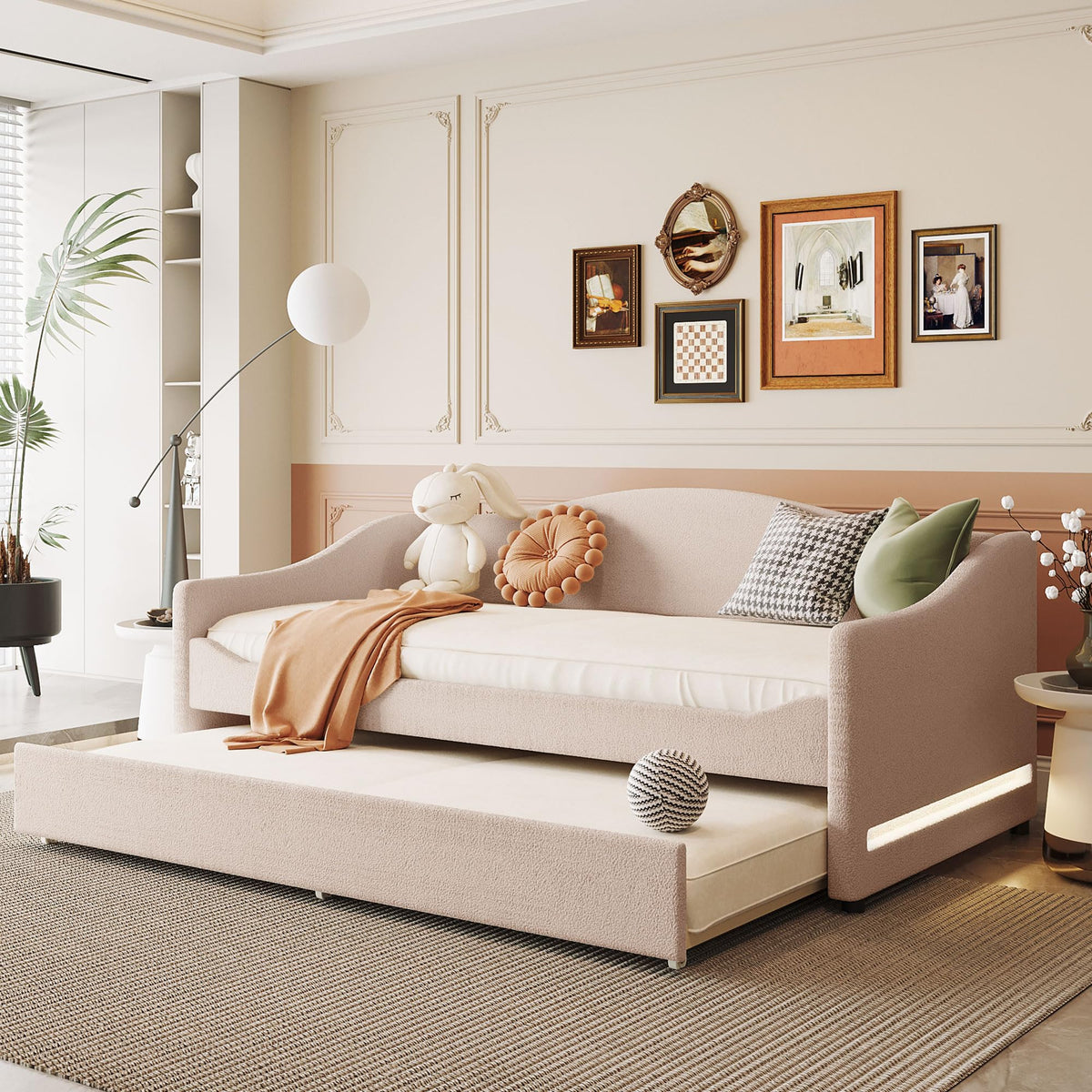 Merax Twin Size Upholstered Daybed with Light and Trundle, Beige Teddy Fleece Sofa Bed Modern Wooden Platform Bed Frame for Bedroom, Living Room, Guest Room, Apartment