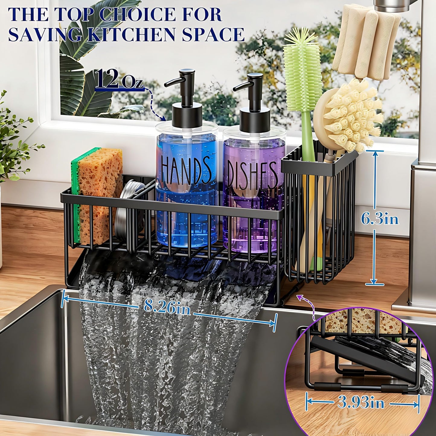 MASADI Kitchen Sink Caddy with Dish Soap Dispenser Set, 12OZ Glass Bottle, Hand and Dish Soap Dispenser Set, Non-Slip Silicone Pad, Brush Holder, Kitchen Sink Organizer Countertop (Black+Clear)