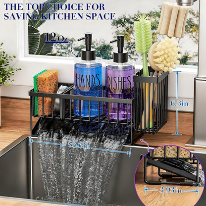 MASADI Kitchen Sink Caddy with Dish Soap Dispenser Set, 12OZ Glass Bottle, Hand and Dish Soap Dispenser Set, Non-Slip Silicone Pad, Brush Holder, Kitchen Sink Organizer Countertop (Black+Clear)