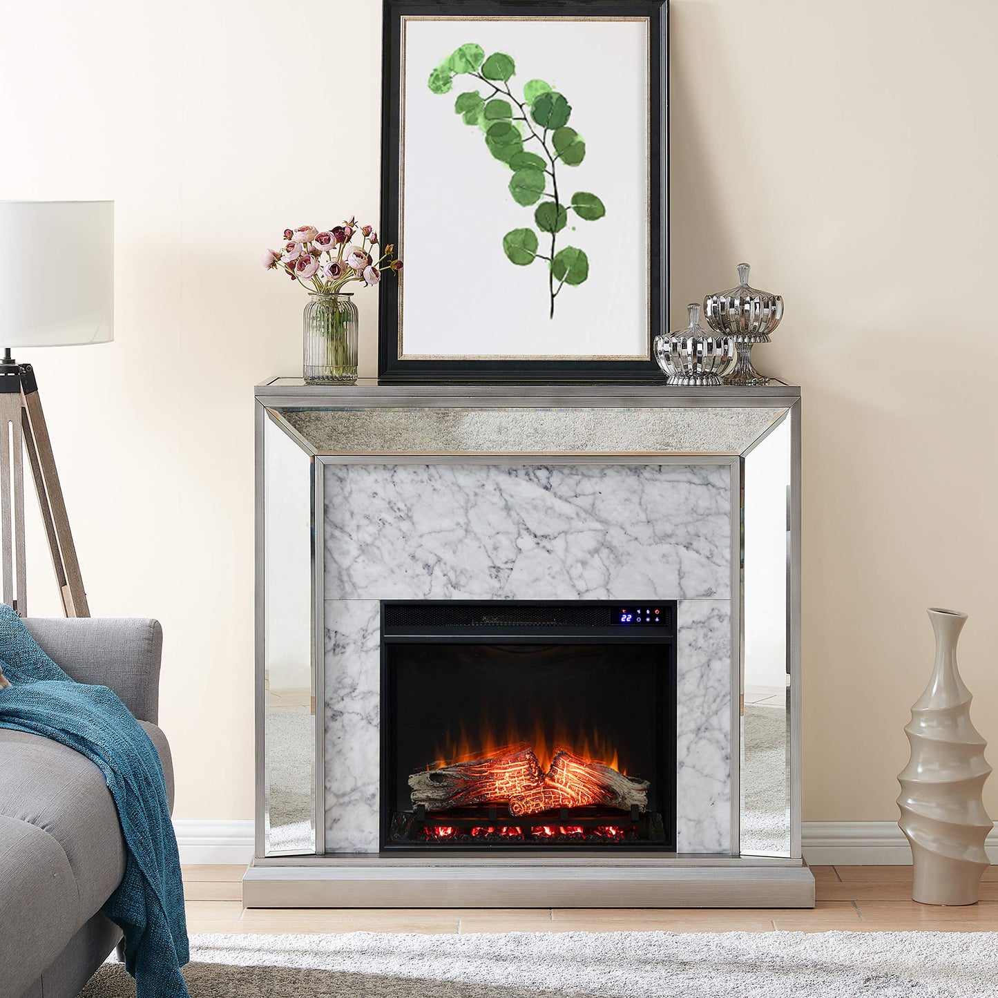 SEI Furniture - Trandling Mirrored Touch Screen Electric Fireplace with Faux Marble - Transitional Design, Grey Glass and Wood - Ideal for Living Room, Bedroom (FR1027359)
