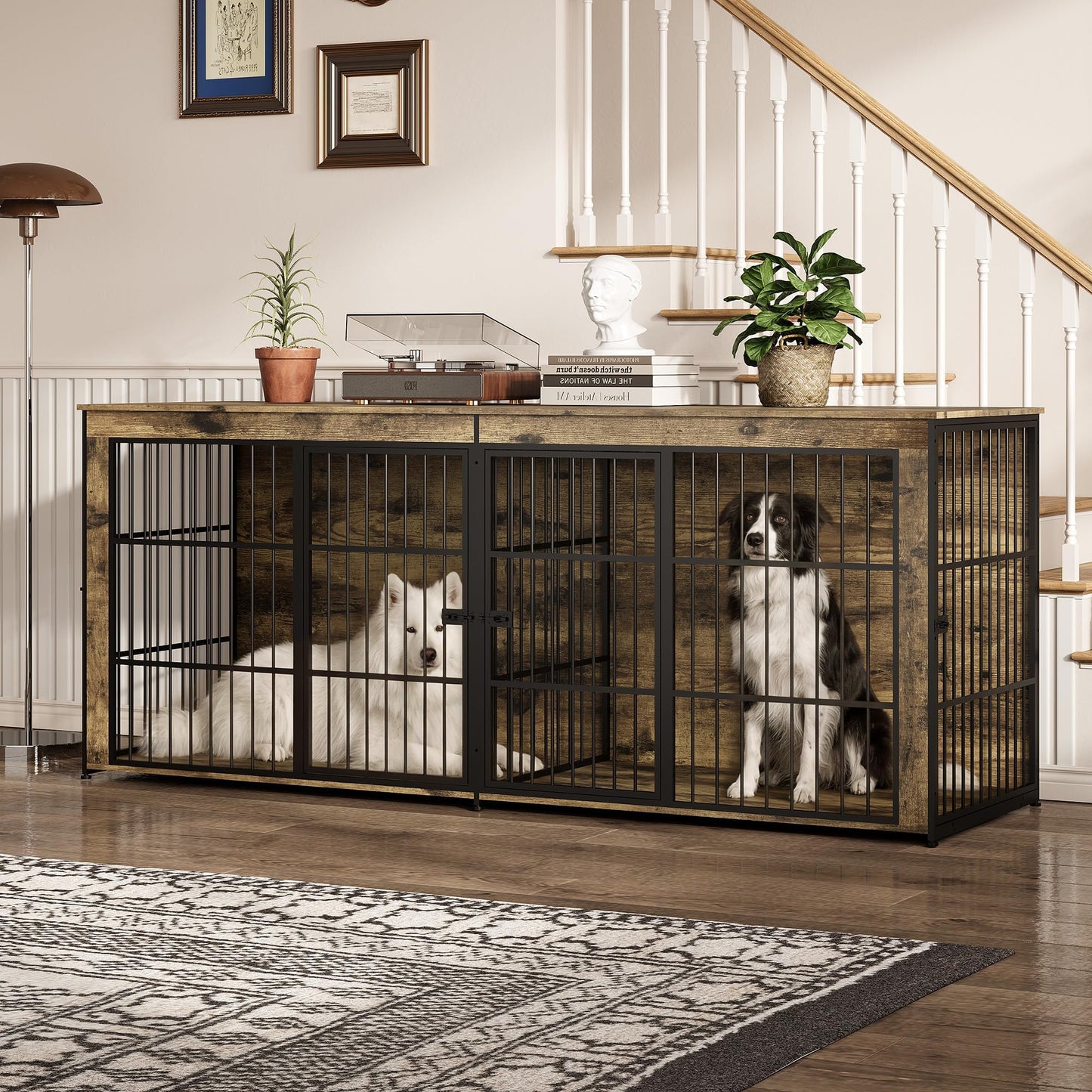 94.5" Dog Crate Furniture, Dog Kennel Furniture with Divider, Lockable, Wooden Crate TV Stand End Table for Large Medium Dogs, Rustic