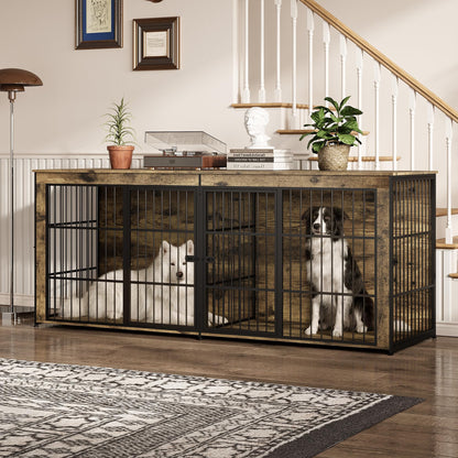 94.5" Dog Crate Furniture, Dog Kennel Furniture with Divider, Lockable, Wooden Crate TV Stand End Table for Large Medium Dogs, Rustic